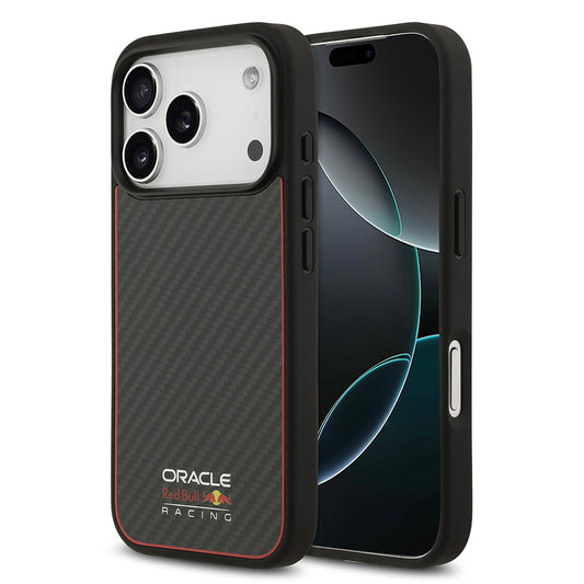 Apple iPhone 17 Pro Kılıf Redbull Orjinal Lisanslı M-safe Şarj Özellikli Karbon Fiber Parlayan Logolu Kevlar Kapak Siyah